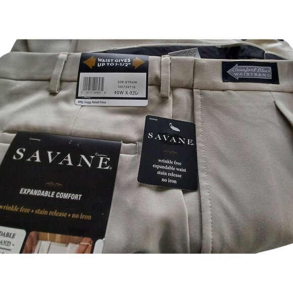 Savane Mens Expandable Waist Pleated Khaki Pants 40W X 32L Wrinkle Free Comfort - Picture 6 of 10